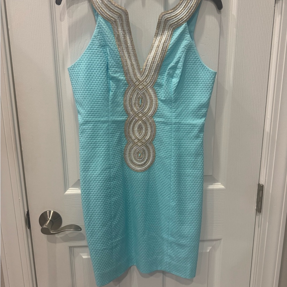 Lilly Pulitzer Blue Plunge Neck Sheath Mini Dress
